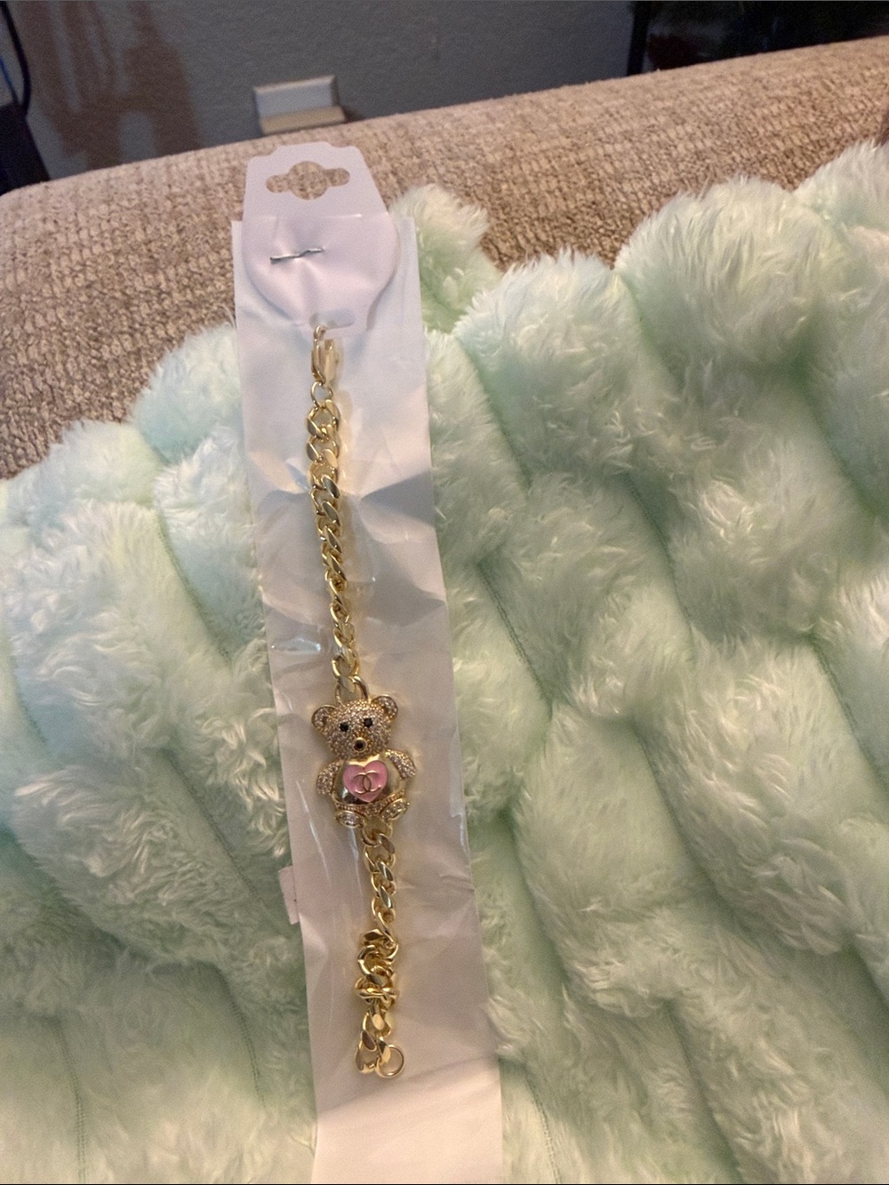 Gold Teddy Bear Charm Bracelet with Pink Accent - Women Accessories